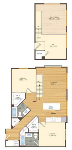 Floor plan for 2 beds, 2 baths, 1383 sqft